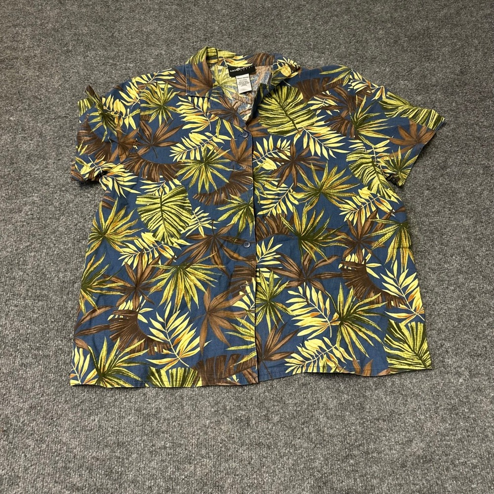 Sage Harbor Sport Shirt Womens Medium Blue Tropical Palm Leaf Cotton Button Down